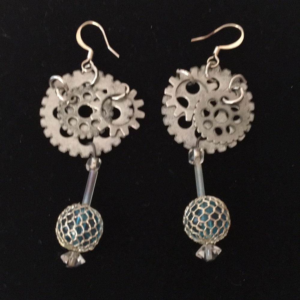 Steampunk Gear Earrings Dangle Aquamarine Crystal